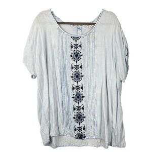 Greater Good Top Womens 2X Blue Embroidered BOHO Peaseant Pintucked Short Sleeve